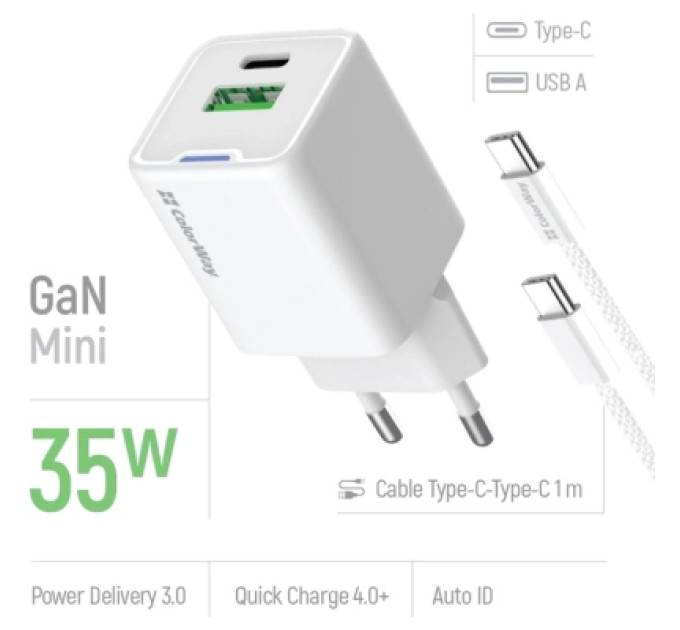 ColorWay Зарядний пристрій ColorWay GaN Mini 35W PD Port PPS USB (Type-C PD + USB QC4.0) cable Type-C (CW-CHS055PDC-WT)