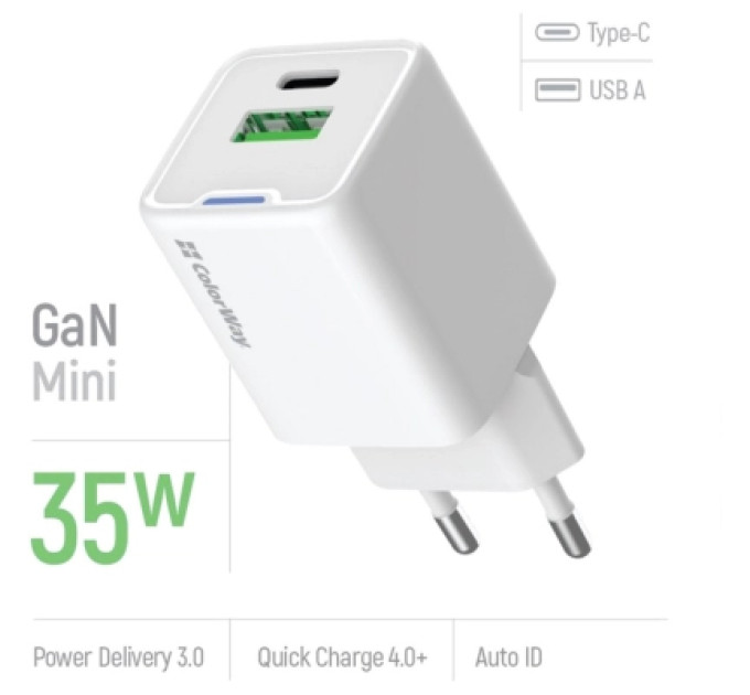 ColorWay Зарядний пристрій ColorWay GaN Mini 35W PD Port PPS USB (Type-C PD + USB QC4.0) white (CW-CHS055PD-WT)