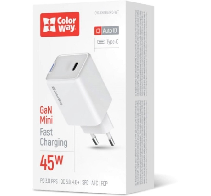 ColorWay Зарядний пристрій ColorWay GaN Mini 45W PD Port PPS USB-C white (CW-CHS057PD-WT)