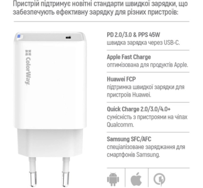 ColorWay Зарядний пристрій ColorWay GaN Mini 45W PD Port PPS USB-C white (CW-CHS057PD-WT)