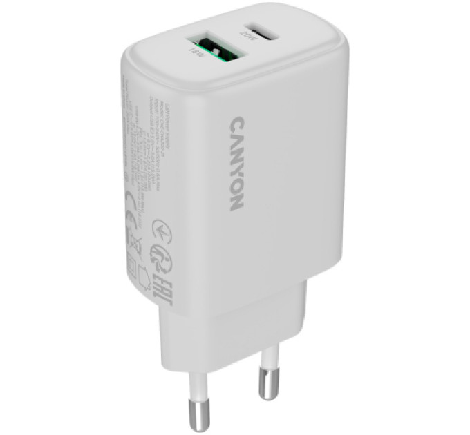 Canyon Зарядний пристрій Canyon OnCharge 200 20W 1xPD 1xQC EU White (CNE-CHA200-21)