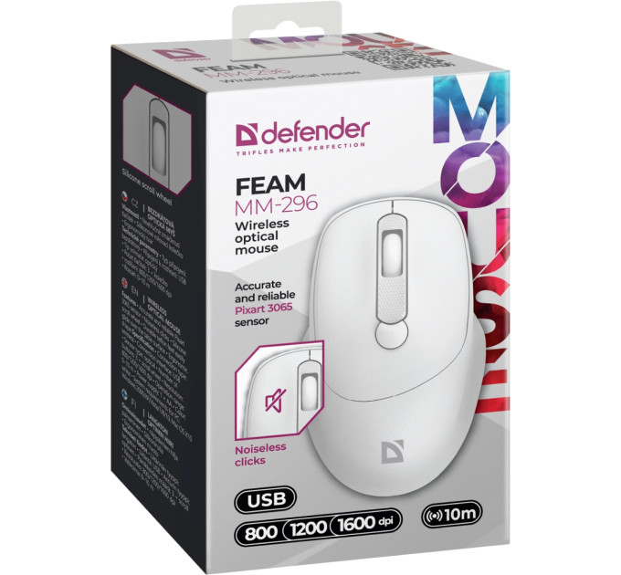Defender Мишка Defender Feam MM-296 Wireless White (52297)