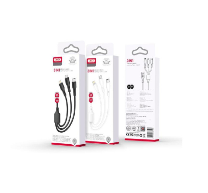 XO Дата кабель USB 2.0 AM to Lightning + Micro 5P + Type-C 1.0m 2.4A XO (CB-23U3)