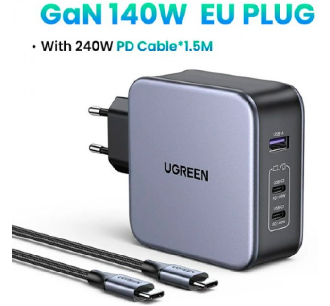 Ugreen Зарядний пристрій Ugreen 3xUSB 140W (2хUSB-C+USB-A) Gan CD289 with C to C Cable 1.5m (90549)