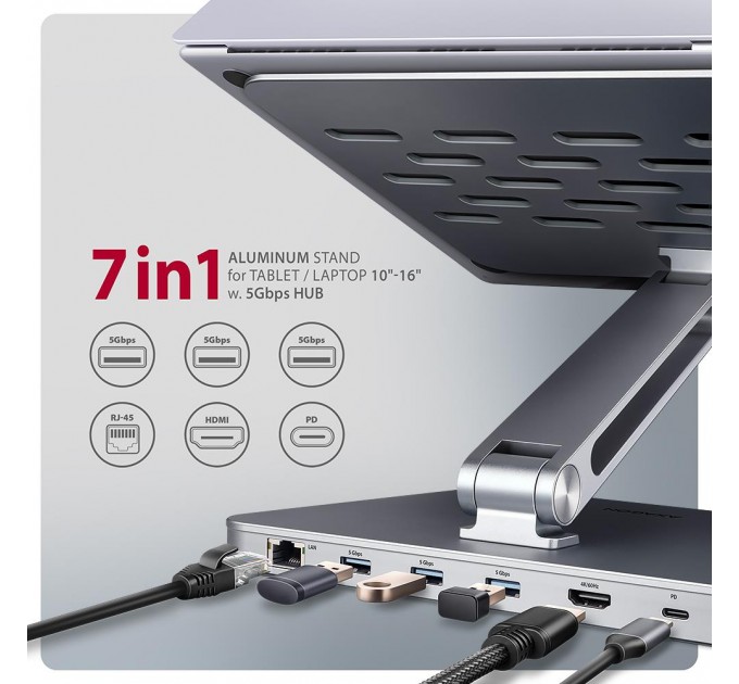 AXAGON Багатопортовий USB-C хаб 5 Гбіт/с та алюмінієва підставка для ноутбуків. HDMI 4k/60 Гц, GLAN, PD та 3 порти USB-A. Кабель USB-C 60 см AXAGON