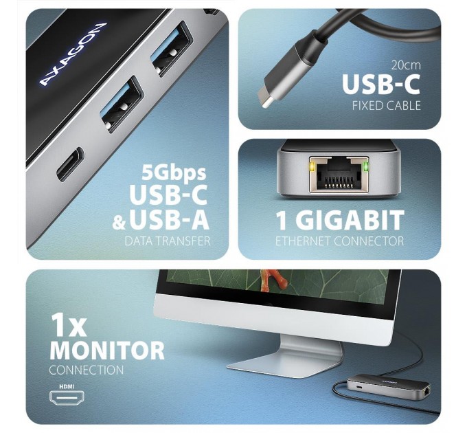 AXAGON Концентратор USB-C 6IN1 GLASS 0.2M HMC-6GLN AXAGON