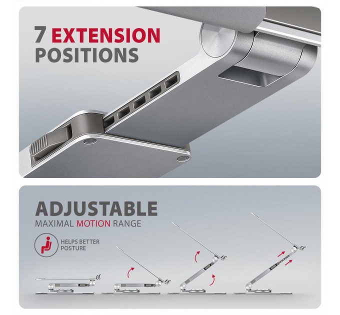 AXAGON Алюмінієва підставка з обертанням на 360° для ноутбуків 10" - 17.3". Регульована висота та кут нахилу AXAGON