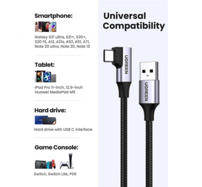 Ugreen Дата кабель USB 3.0 AM to Type-C 1.0m 60W US385 90-degree Black Ugreen (20299)