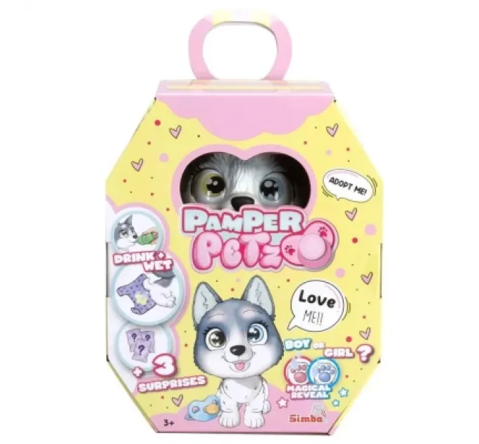 Simba Ігровий набір Simba Пампер Петс. Хаскі, що п' є та пісяє, з кольоровою лапкою, 3 аксесуари.-сюрпризи (5950135)