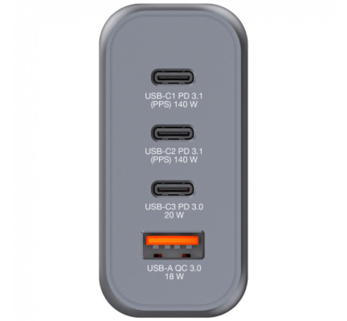 Verbatim Зарядний пристрій Verbatim GaN 140 W 4 ports (2xUSB-C-140 W,USB-C 20 W /USB-A -3.0) (32203)