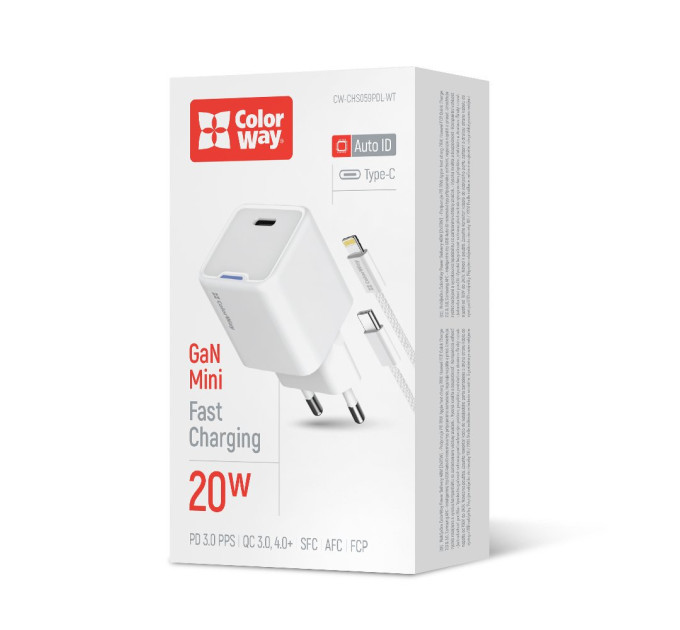 ColorWay Мережевий зарядний пристрій ColorWay GaN Mini 20W PD Port PPS USB-C White (CW-CHS059PD-WT) + кабель Lightning
