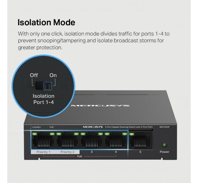 Mercusys 5-портовий настільний гігабітний комутатор з 4 портами РоЕ, MS105GP MERCUSYS