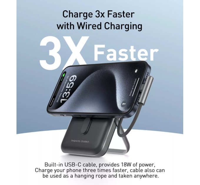 Choetech Батарея універсальна Choetech Magnetic Wireless 10000mAh 20W, PD, Qi-15W, USB-C In/Out, build-in cabel, Black (B735-CCBK)