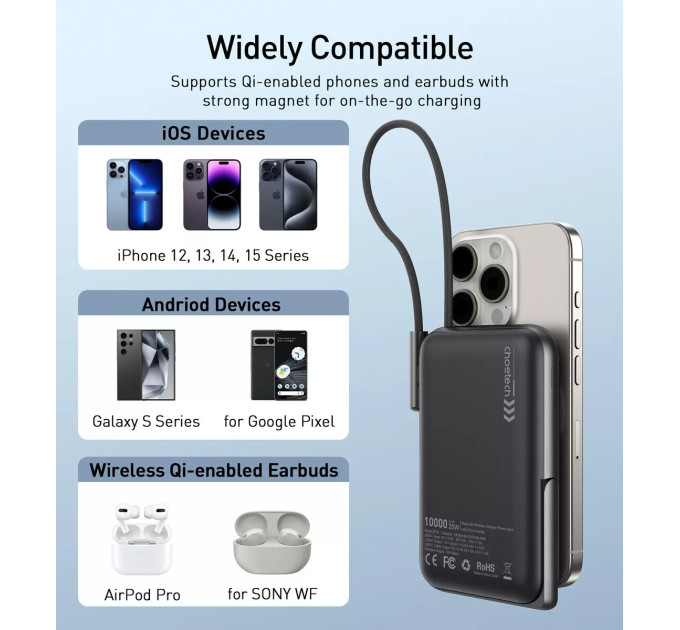 Choetech Батарея універсальна Choetech Magnetic Wireless 10000mAh 20W, PD, Qi-15W, USB-C In/Out, build-in cabel, Black (B735-CCBK)