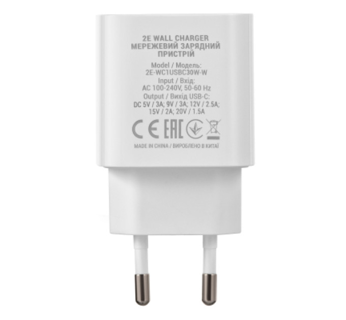 2E Зарядний пристрій 2E 30W USB-C PD white (2E-WC1USBC30W-W)