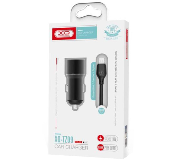 XO Автомобільний зарядний пристрій XO TZ09 (2USB, 2.4A) Black (6920680873487) + кабель microUSB