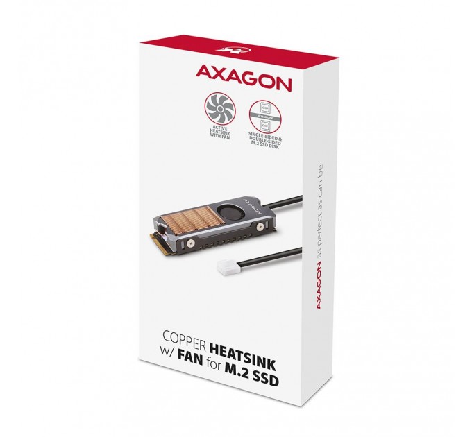 AXAGON Мідний радіатор з вентилятором для односторонніх та двосторонніх SSD-дисків M.2, розмір 2280, висота 13 мм AXAGON