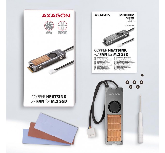 AXAGON Мідний радіатор з вентилятором для односторонніх та двосторонніх SSD-дисків M.2, розмір 2280, висота 13 мм AXAGON