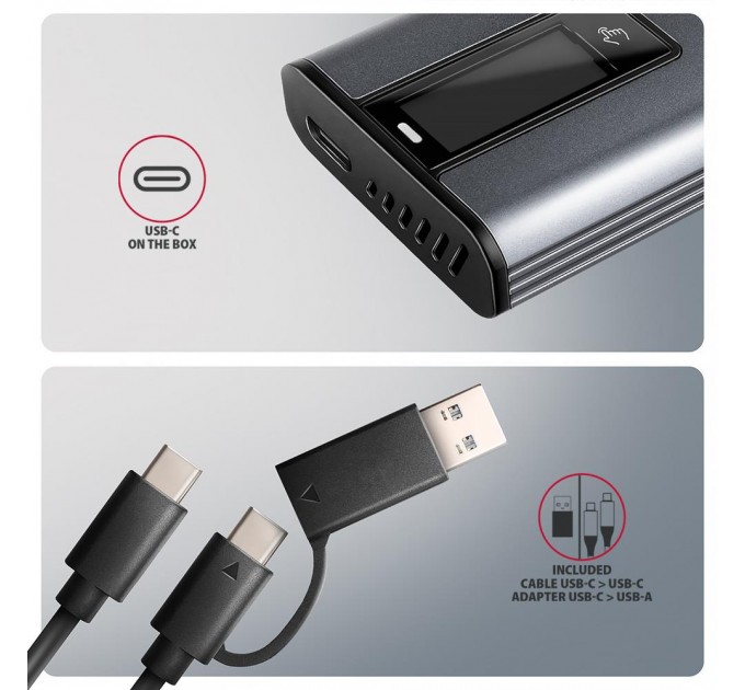 AXAGON Зовнішній металевий корпус USB-C 10 Гбит/с з інфо дисплеєм для твердотілих накопичувачів M.2 NVMe и SATA AXAGON