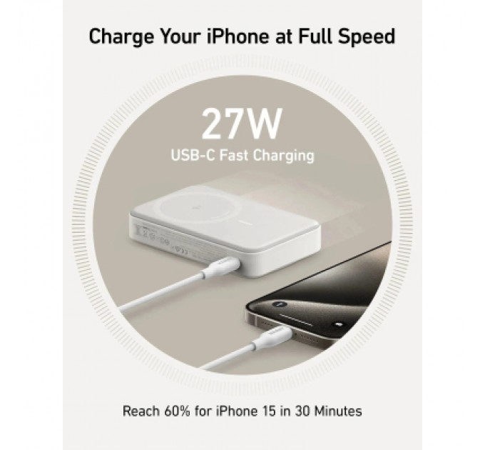 Anker Батарея універсальна Anker MagGo 10000mAh, Qi2/15W, PD, 27W, USB-C, white (A1654G21)