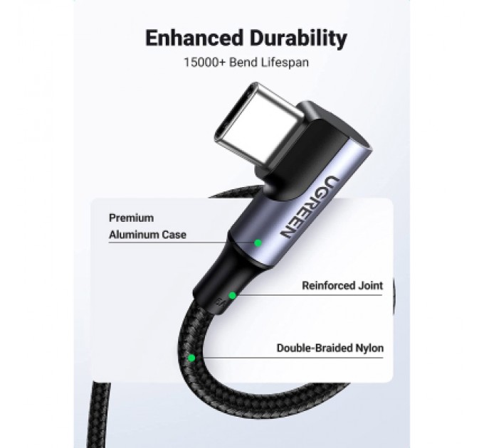 Ugreen Дата кабель USB-C to USB-C 1.0m 100W (20V/5A) 90° corner braided black Ugreen (70696)