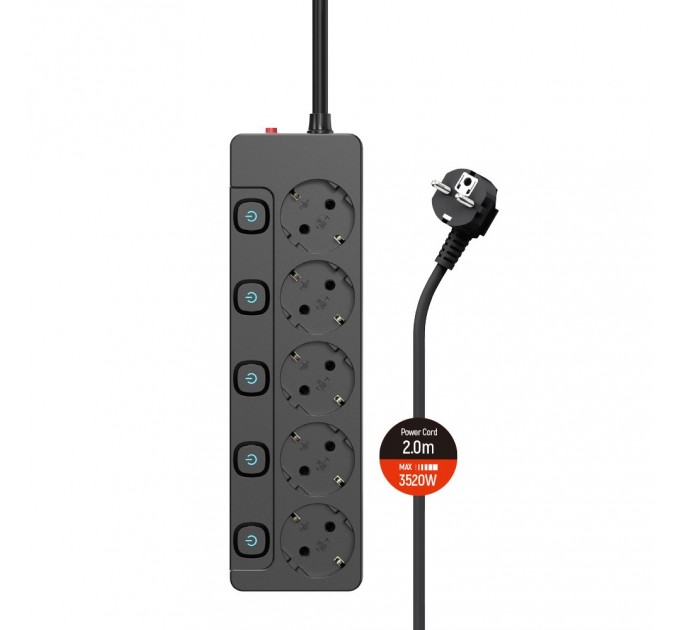 ColorWay Фільтр живлення СolorWay (CW-PSEA52SBK) 5 розеток, 2м, Black