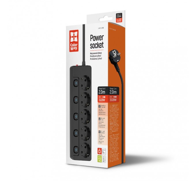 ColorWay Фільтр живлення СolorWay (CW-PSEA52SBK) 5 розеток, 2м, Black