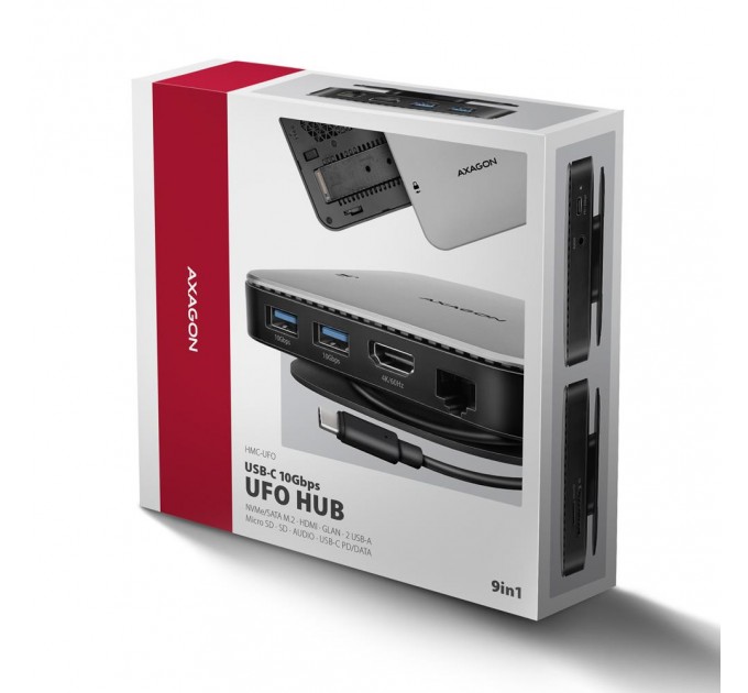 AXAGON Хаб концентратор AXAGON HMC-UFO USB-C 10Gbps UFO 9in1 hub, Grey