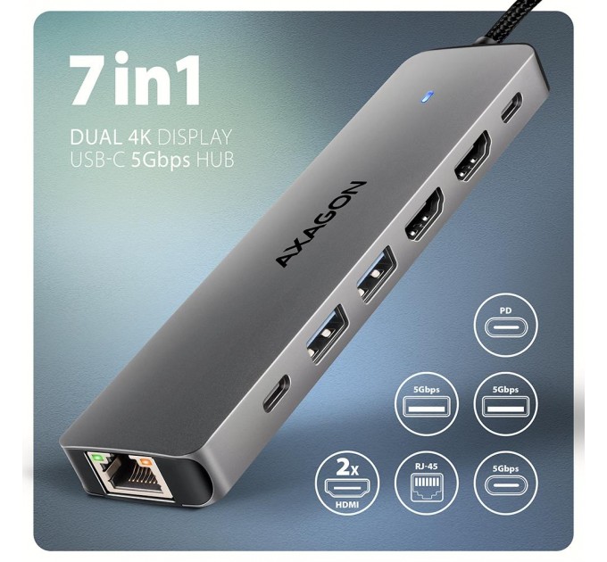 AXAGON Хаб концентратор AXAGON HMC-7HX2 USB-C 5Gbps DUAL 4K DISPLAY 7in1 hub, Grey
