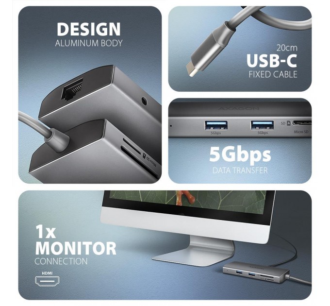 AXAGON Хаб концентратор AXAGON HMC-8HLSA USB-C 5Gbps 9in1 hub, Grey