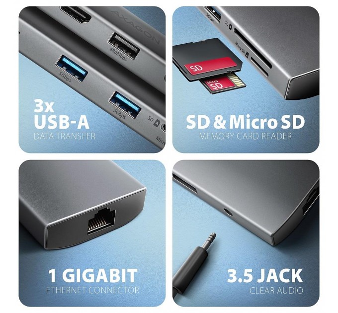 AXAGON Хаб концентратор AXAGON HMC-8HLSA USB-C 5Gbps 9in1 hub, Grey
