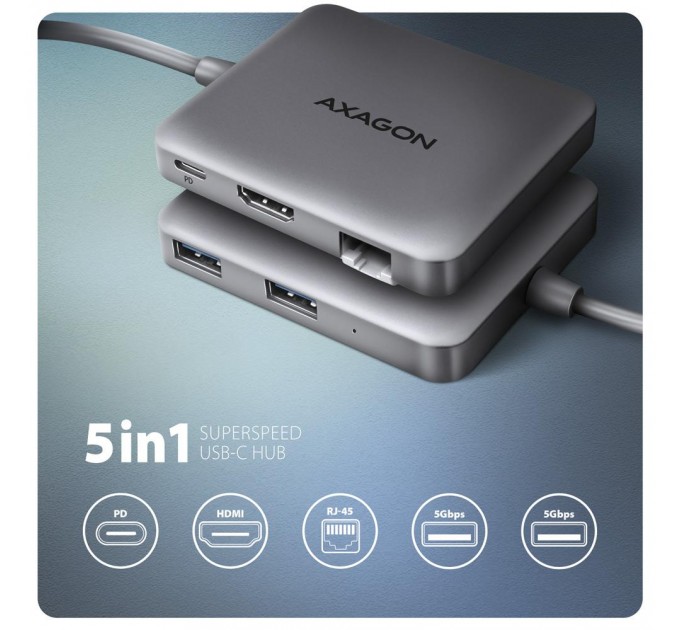 AXAGON Хаб концентратор AXAGON HMC-5HL USB-C 5Gbps SuperSpeed 5in1 hub, Grey