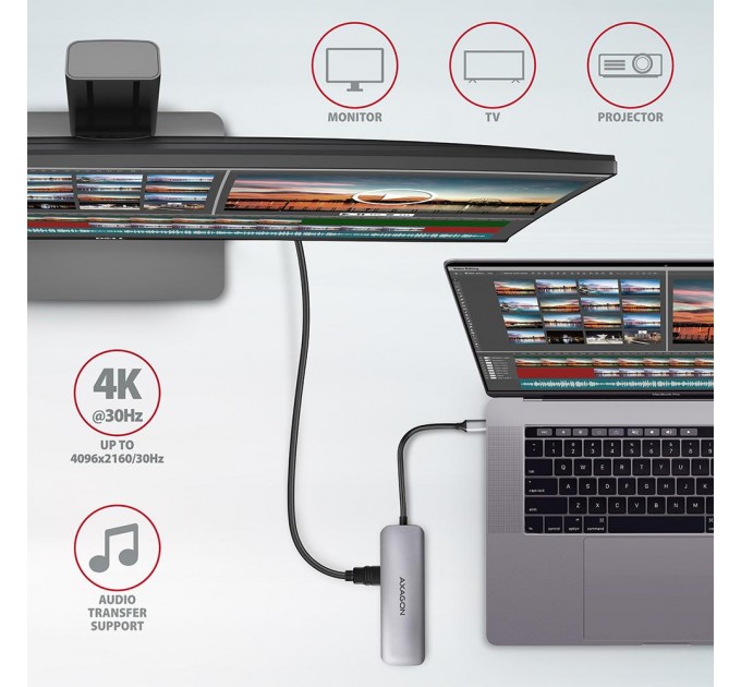 AXAGON Хаб концентратор AXAGON HMC-5 SuperSpeed USB-C COMBO 5in1 hub, Grey