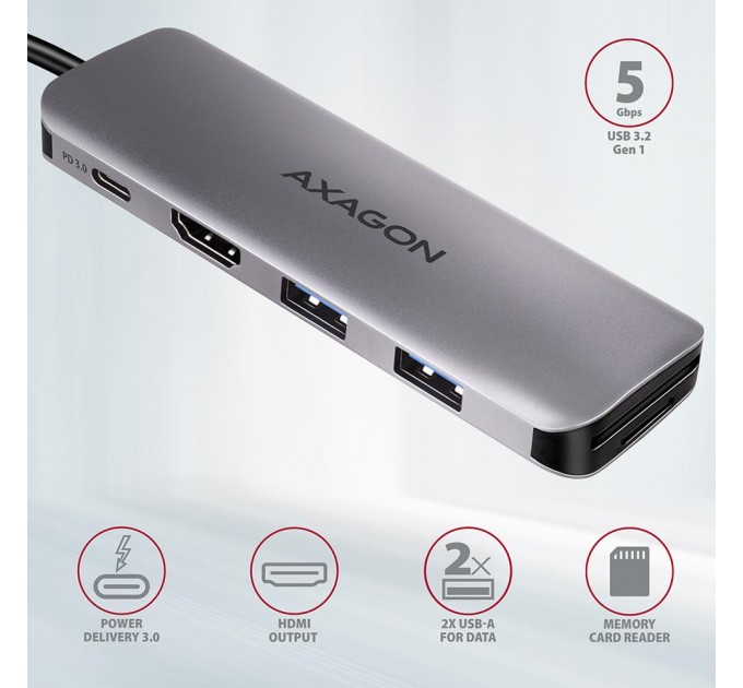 AXAGON Хаб концентратор AXAGON HMC-5 SuperSpeed USB-C COMBO 5in1 hub, Grey