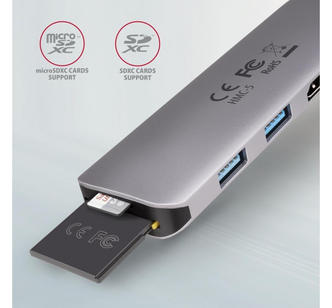 AXAGON Хаб концентратор AXAGON HMC-5 SuperSpeed USB-C COMBO 5in1 hub, Grey