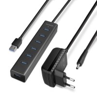 Хаб AXAGON HUE-SA7BP USB3.0 CHARGING hub, 40cm USB-A cable, Black