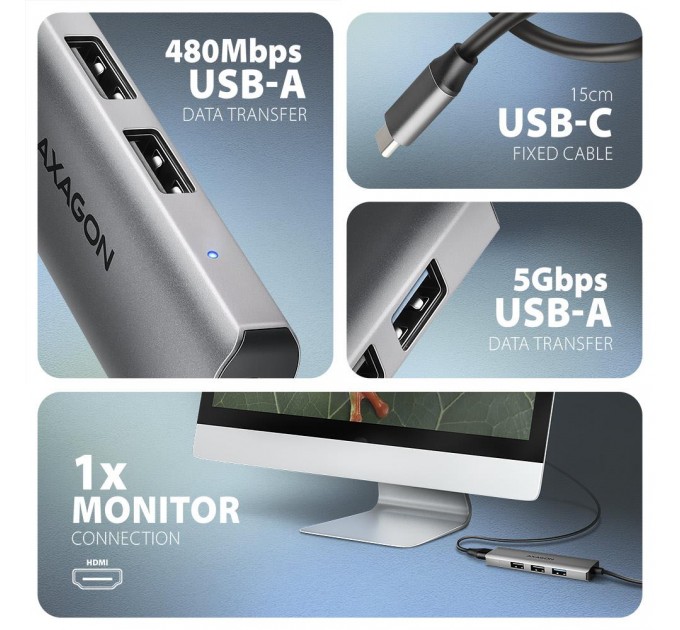 AXAGON Хаб концентратор AXAGON HMC-H3A USB-C 5Gbps STARTER 4in1 hub, Grey