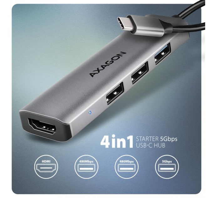AXAGON Хаб концентратор AXAGON HMC-H3A USB-C 5Gbps STARTER 4in1 hub, Grey