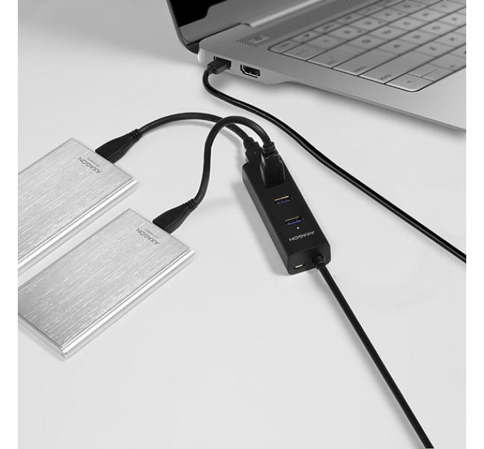 AXAGON Хаб AXAGON HUE-S2BP USB3.0 CHARGING hub, 1.2m Cable, MicroUSB Charging, Black