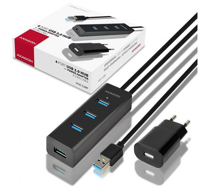 AXAGON Хаб AXAGON HUE-S2BP USB3.0 CHARGING hub, 1.2m Cable, MicroUSB Charging, Black