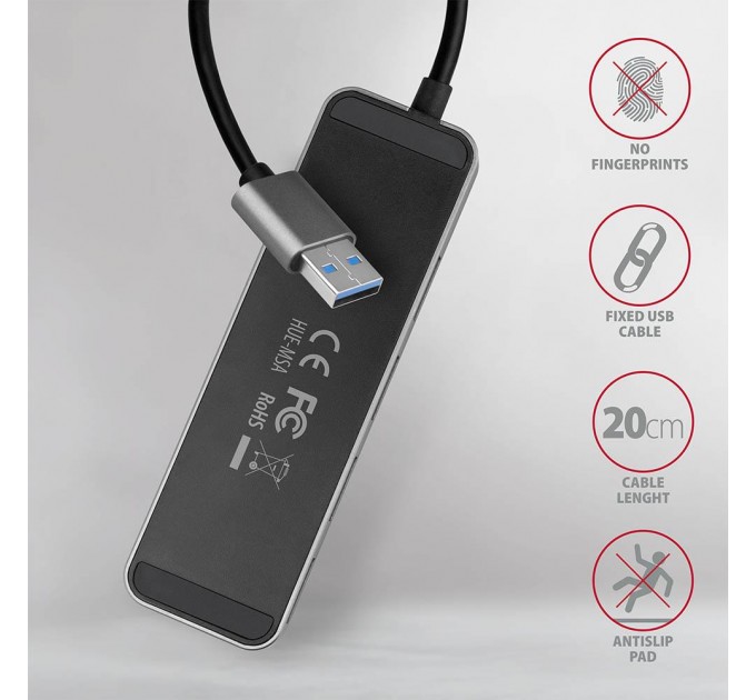 AXAGON Хаб AXAGON HUE-MSA SuperSpeed USB-A SWITCH hub w. CHARGING function, 20cm USB-A cable, Silver