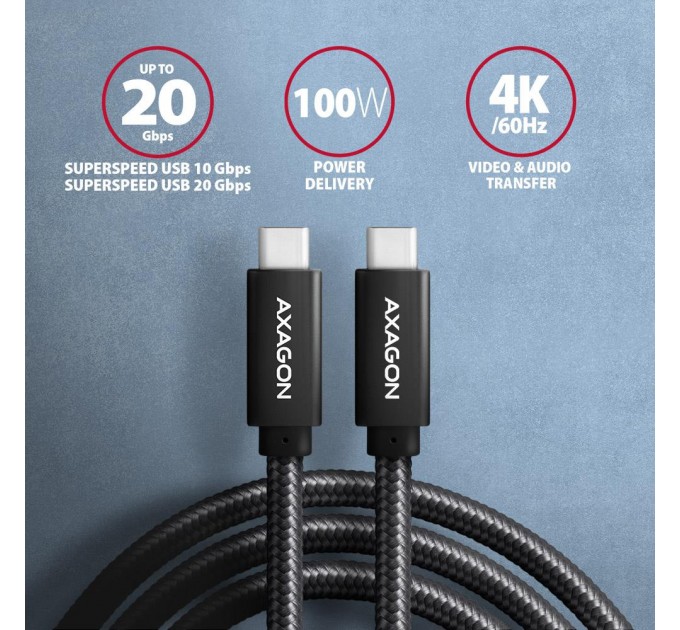 AXAGON Кабель AXAGON BUCM32-CM20AB USB-C  <-> USB-C 3.2 Gen 2, 2m, PD 100W, 5A, 4K HD, Black