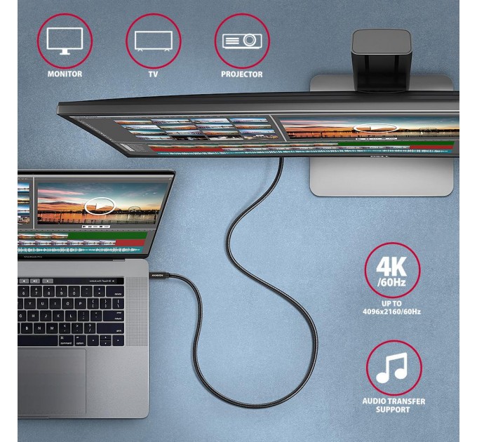 AXAGON Кабель AXAGON BUCM32-CM20AB USB-C  <-> USB-C 3.2 Gen 2, 2m, PD 100W, 5A, 4K HD, Black