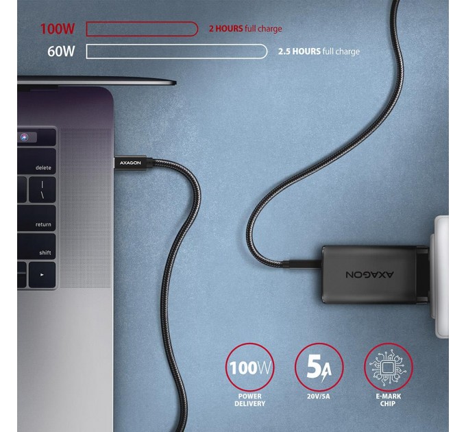 AXAGON Кабель AXAGON BUCM32-CM20AB USB-C  <-> USB-C 3.2 Gen 2, 2m, PD 100W, 5A, 4K HD, Black