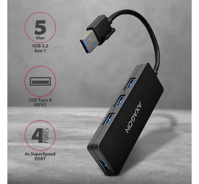 AXAGON Хаб AXAGON HUE-G1A SuperSpeed USB SLIM hub, cable 14cm Type-A, Black
