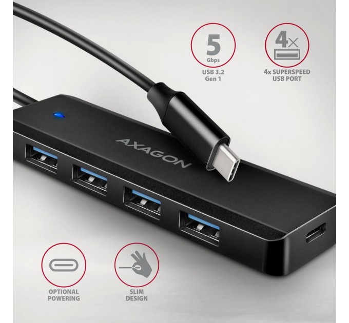 AXAGON Хаб AXAGON HUE-C1C USB-C 5Gbps TRAVEL hub, 20cm Type-C cable, Black
