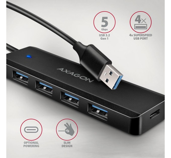 AXAGON Хаб AXAGON HUE-C1A USB-A 5Gbps TRAVEL hub,  20cm Type-A cable, Black