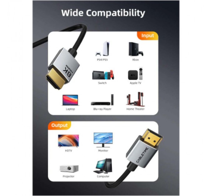 Cabletime Кабель мультимедійний HDMI M to HDMI M 2.0m V2.1 8K60Hz Cabletime (CA915910)