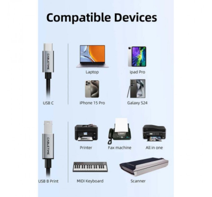 Cabletime Кабель для принтера USB-C 2.0 to BM 2.0m Cabletime (CA915774)