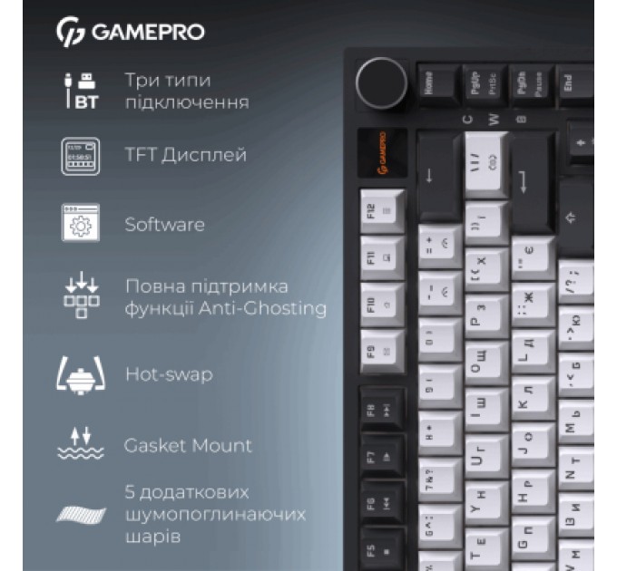 GamePro Клавіатура GamePro Asgard Valhalla Pro MK160B-D-Pro Rainy Switch Wireless/Bluetooth/USB UA Black (MK160B-D-Pro)
